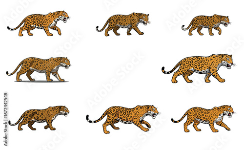 Collection of Jaguars in Motion Depicted in a Simple Vector Art Style