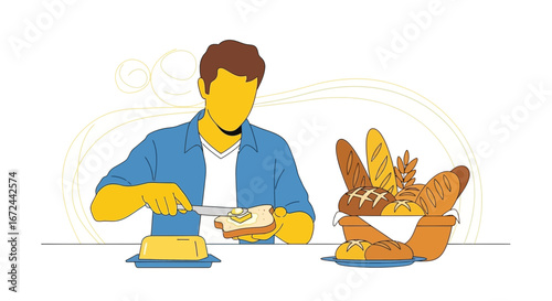 Breakfast Preparation: A Person Spreads Butter On Bread Beside A Basket Of Baked Goods