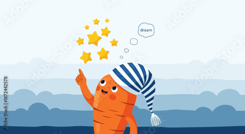 Carrot Character Dreaming Of Stars and A Whimsical Journey In a Sleepy Night