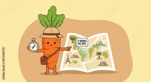 Carrot Explorer Maps An Adventure Location With Compass Destination Spot Cartoon Character