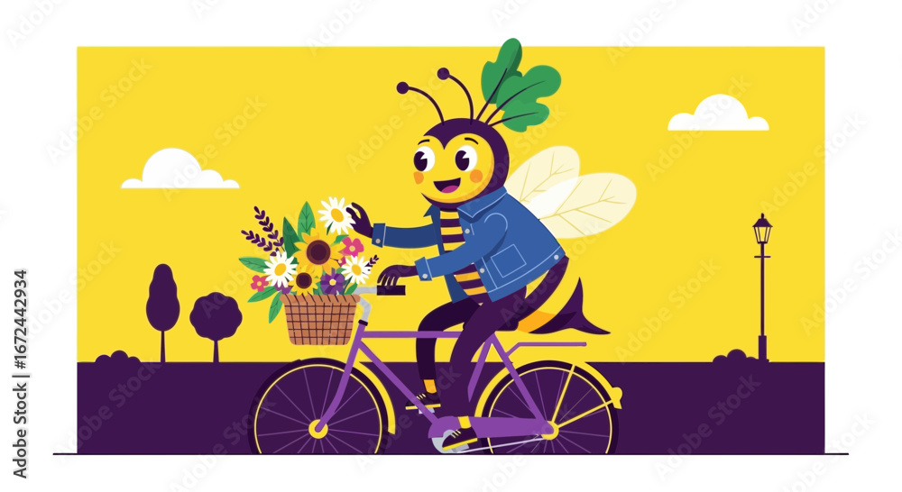 Naklejka premium Bumblebee Gliding Through A Colorful Realm On A Bicycle Adorned With Blossoms