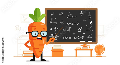 Carrot Teacher Explains Math Equations With A Blackboard And Glasses In A Classroom Setting