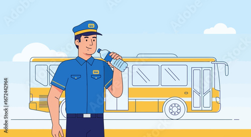 Bus Driver Enjoying Refreshing Drink Beside Bus, Providing Transportation Illustration