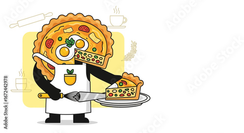 Cartoon Baker Showcasing Tempting Quiche, Perfect for Culinary Illustrations and Designs