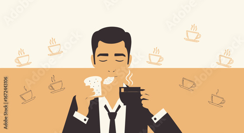 Business Professional Savoring Morning Coffee And Breakfast In A Graphic Illustration