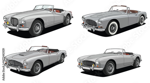 Classic Car Collection: A Set of Vintage Silver Roadsters in Detailed Vector Illustration