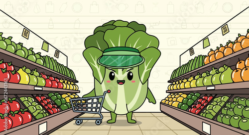Cartoon Bok Choy Character in Supermarket with Shopping Cart and Grocery Products