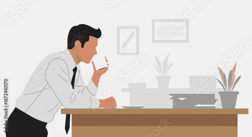 Businessman Contemplating With Beverage At His Desk In Minimalist Office Setting.