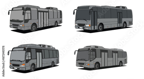 Diverse views of a grey airport shuttle bus featuring detailed shading and side luggage compartments