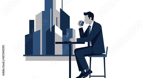 Businessman Enjoying Coffee With Cityscape, Illustration Of A Corporate Calm and Receptive Mind