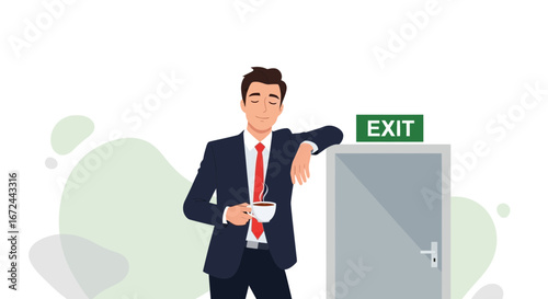 BusinessMan Relaxing Near The Exit Door And Enjoying A Moment Of Peaceful Contemplation