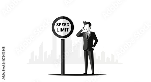 Businessman Talking By The Speed Limit Sign, Discussing Something Regarding High Speed