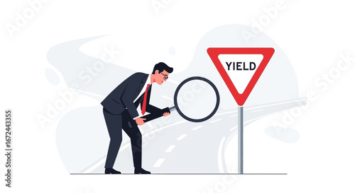 Businessman Uses Magnifying Glass To Analyze Road Sign Indicating Strategy and Decision Making