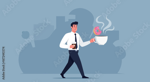 Businessman Walking with Donut and Coffee Symbolizing Early Morning Ritual and Energy