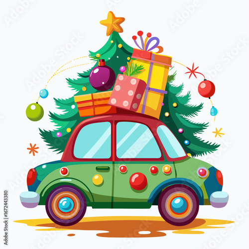 Red car carrying christmas tree and gifts isolated on white background isolated on transparent background