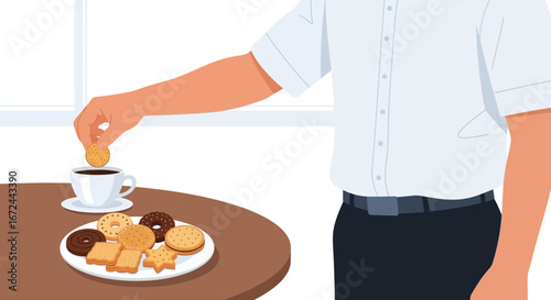 Businessperson Dipping Biscuit Into Coffee, Relaxing With Snacks And Beverages During Break