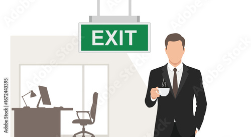 Businessperson Contemplates Exit Strategy While Enjoying Coffee Near Office Exit Sign