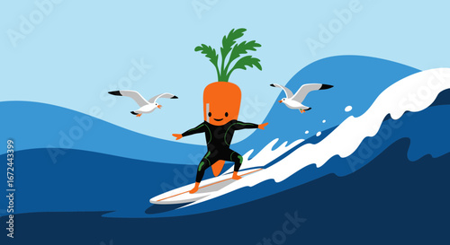 Cartoon Carrot Character Surfing the Gentle Ocean Waves with Soaring Seagulls