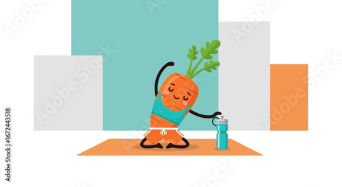Cartoon Carrot Doing Yoga Exercising On Orange Mat With Water Bottle, Healthy Lifestyle