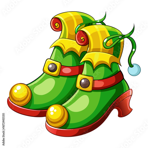 Pair of festive green elf boots with gold trim and red ribbons isolated on white background isolated on transparent background