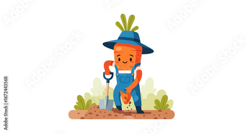Cartoon Carrot Gardening, Smiling Happy Vegetable In Overalls, Cultivating Nature