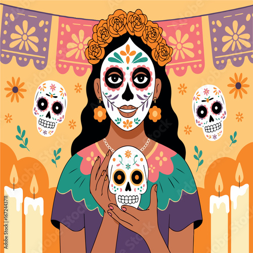 culture, mexico, flower, vector, holiday, sugar, halloween, skeleton, illustration, art, skull, death, floral, day, dia, banner, cartoon, dark, design, head, dead, isolated, party, colorful, poster, 