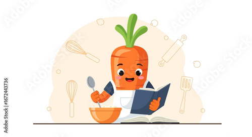 Cartoon Chef Carrot Reading Recipe Book While Preparing Delicious Food Elements