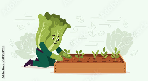Cartoon Character Planting Seedlings In A Wooden Planter, Planting Concept Illustration