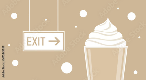 Cafe Scene With Creamy Drink And Exit Sign Depicting Sweet Indulgence And Departure