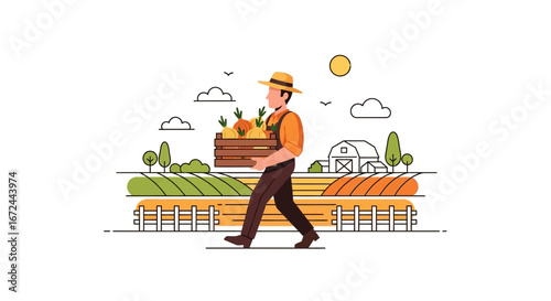 Cartoon Farmer Harvesting Onion Crop At Barn Countryside Scenic Landscape