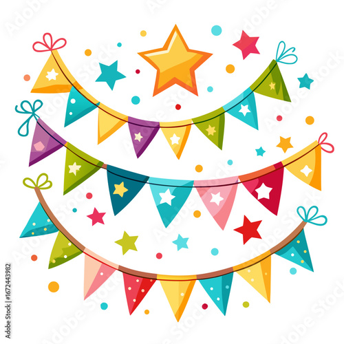 Colorful party bunting and stars isolated on white background isolated on transparent background