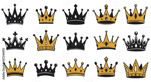 A collection of royal crowns in black and gold on a white background silhouette