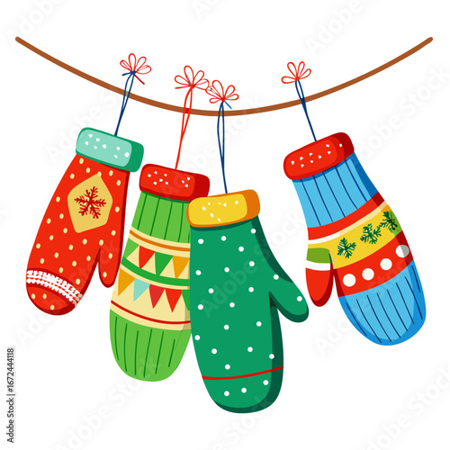 Colorful winter mittens hanging on a clothesline isolated on white background isolated on transparent background