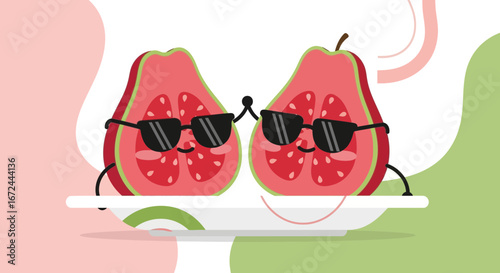 Cartoon Guavas Dressed In Sunglasses, Smiling, Set On Dish With Colorful Background Design