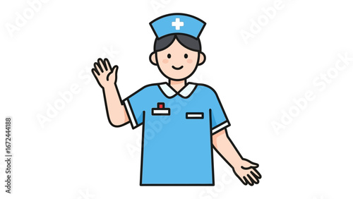 Friendly Nurse: A friendly nurse in uniform waving and spreading welcome with her hand, radiating care, expertise, and compassion within a healthcare setting. 