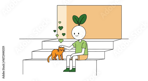 Cartoon Illustration Showing a Friendly Figure Petting a Satisfied Cat Outside