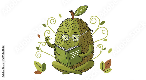 Cartoon Jackfruit Character Devouring A Book While Sitting With Leaves Around