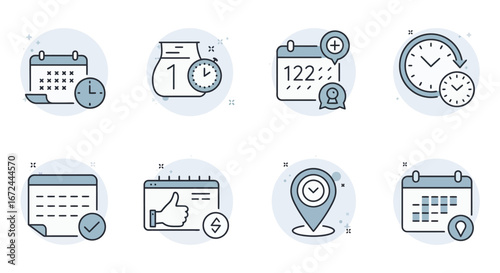 Collection of time management and calendar icons in a simple line style silhouette