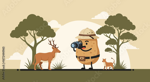 Cartoon Potato Explorer Capturing Deer With Camera In The Wildlife Environment
