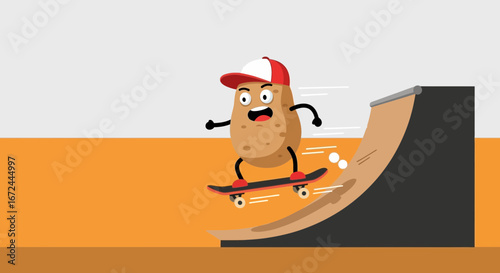 Cartoon Potato Skateboarding on a Ramp with Enthusiasm and Joyful Expression