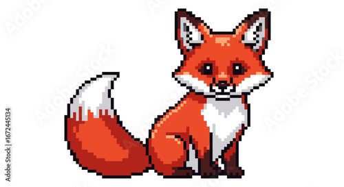 Charming pixel art illustration of a cute red fox with a bushy tail, perfect for digital design and creative projects