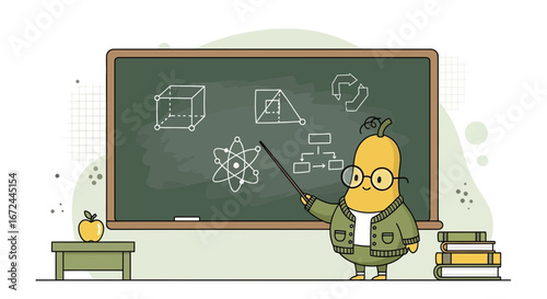 Cartoon Science Teacher Explains Diagrams On Blackboard in a Whimsical Classroom