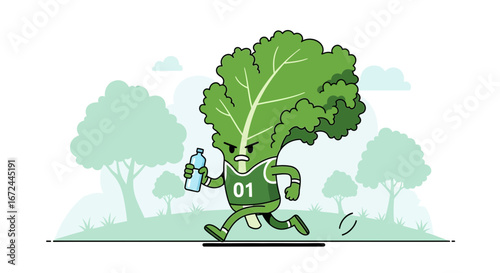 Cartoon Spinach Athlete Running In Park With Water Bottle, Health And Fitness Concept