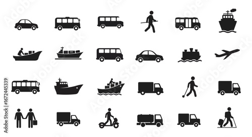 Transportation icons set including cars boats airplanes and people walking silhouette