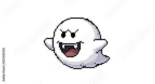 Pixelated spectral apparition with sharp teeth and wide eyes on a white background, evoking a classic video game aesthetic