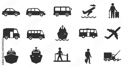 Transportation icons set including cars buses airplanes ships and travel silhouette