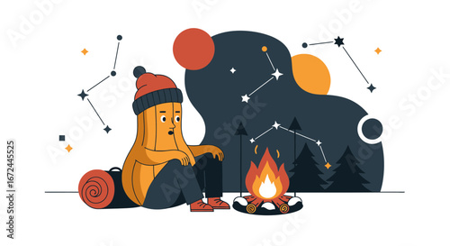 Cartoonish Individual Gazing At The Night Sky Near A Campfire Under The Constellations