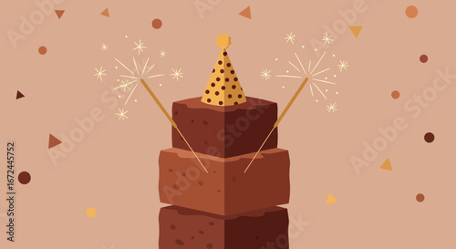 Celebration Illustration: A Festive Brownie Cake With Sparklers and Party Hat Design