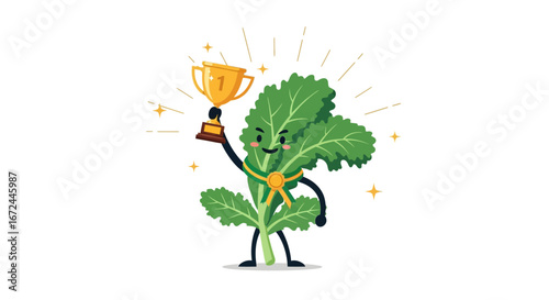 Champion Kale Holding Trophy with Happiness and Celebrating Victory Over White Background