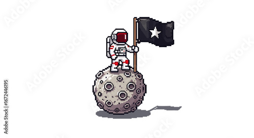 Charming Pixel Art Astronaut Standing Proudly on a Cratered Lunar Surface, Planting a Star Flag in a Retro Space Exploration Depiction